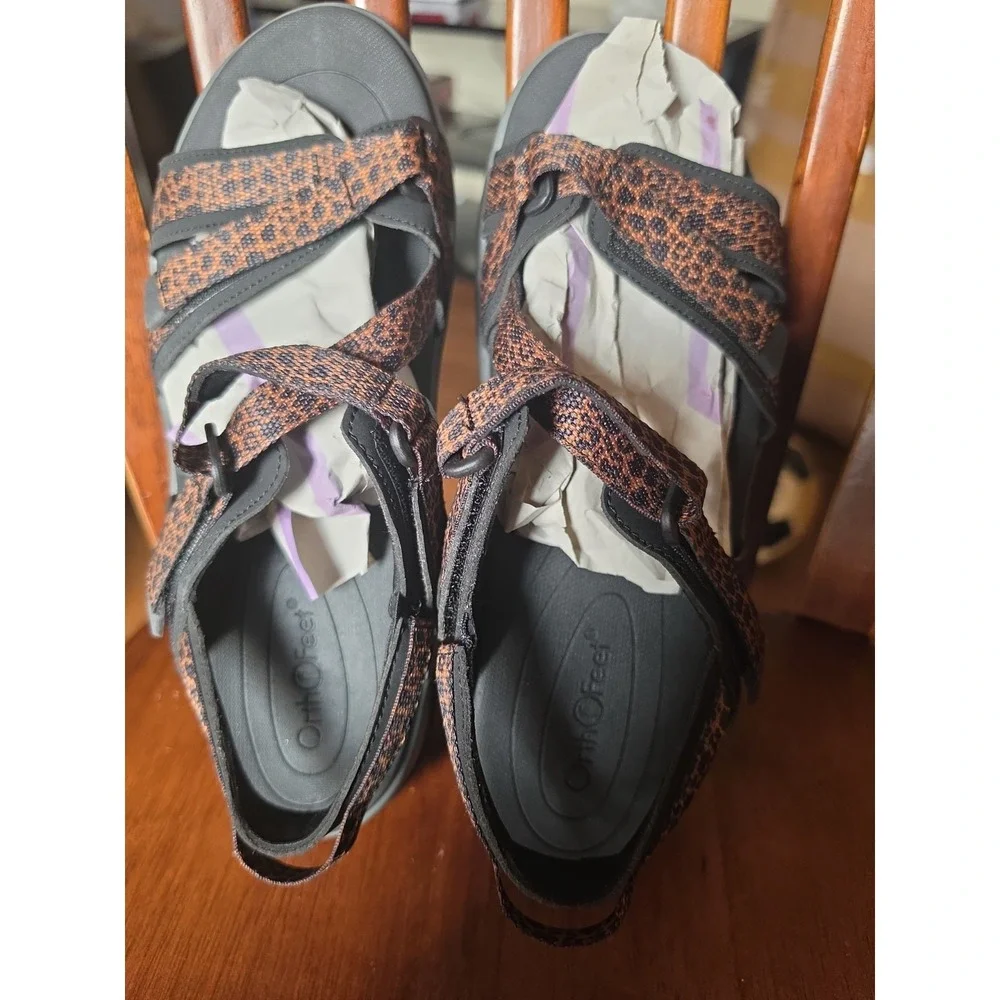 Orthofeet Women's Black/Brown Animal Print Strappy Sandals US 8.5  Hook & Loop